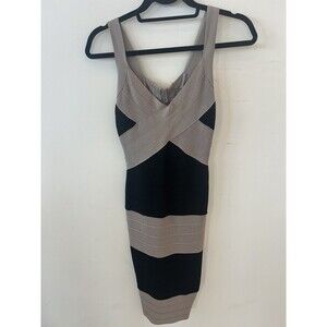 BCBG Max Azria Size 2 Bandage Bodycon Mini Dress Sleeveless Black Tan/Beige